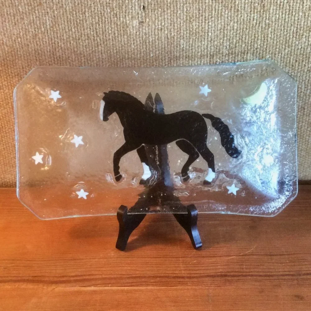 Glass Tray Prancing Black Horse Moon & Stars Artist Signed 12